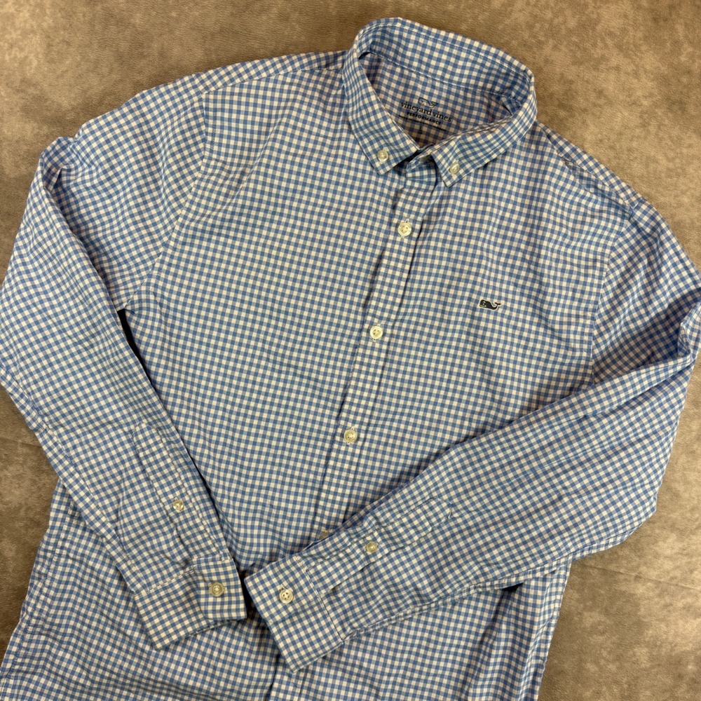 Vineyard Vines Button Down Kids L 16 Blue Gingham Performance Long Sleeve Shirt